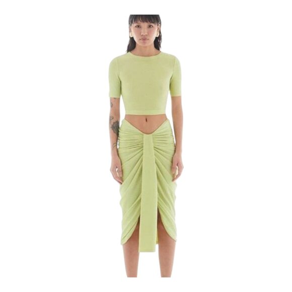 LBV. Lurex Jersey Sarong Ruched Midi Skirt in Sparkly Green Y2K Party Women's 2 - Picture 1 of 7